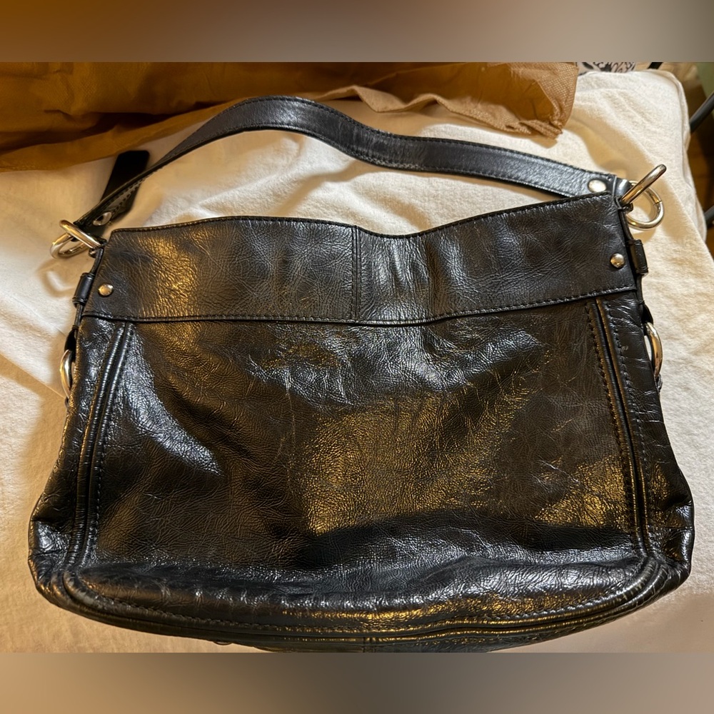 Coach Black Leather Zoe Shoulder Bag with purple satin lining Great Condition
